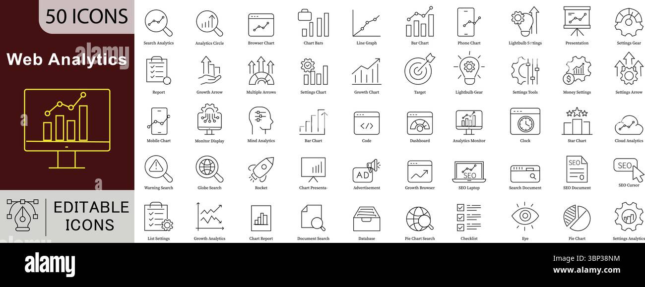 Web Analytics Editable Line Icons Set for Data Tracking, SEO Performance, and Digital Insights Stock Vector