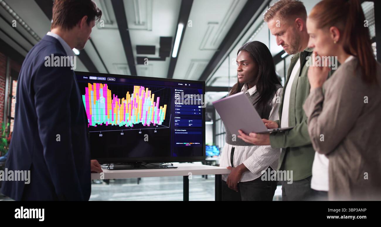 Analyzing Data On 3D Software Screens In High-tech Research Lab. Stock Photo