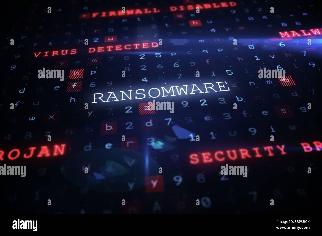 Displaying flat interface showing security code grid with RANSOMWARE text and red alerts Stock Photo