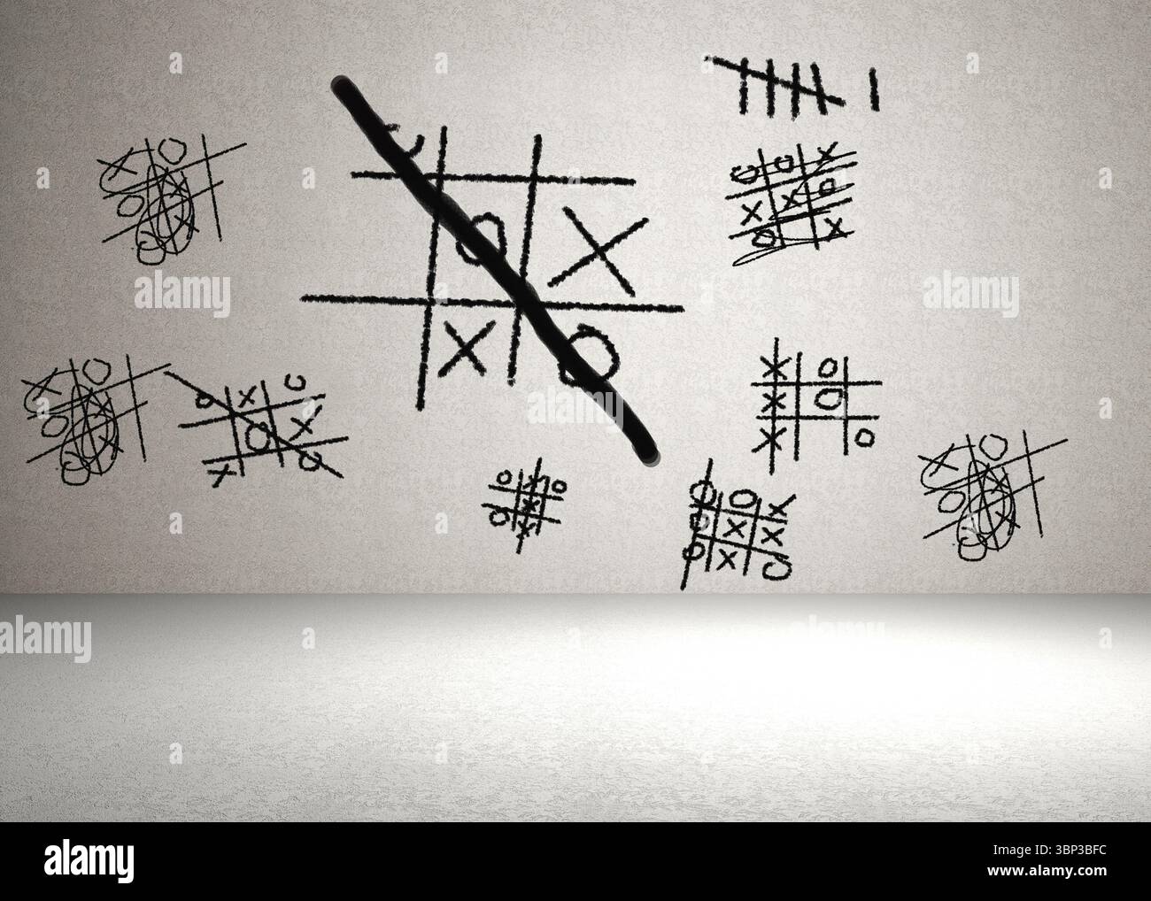 Flat illustration is showing large central tic tac toe grid on white wall featuring scribbles Stock Photo
