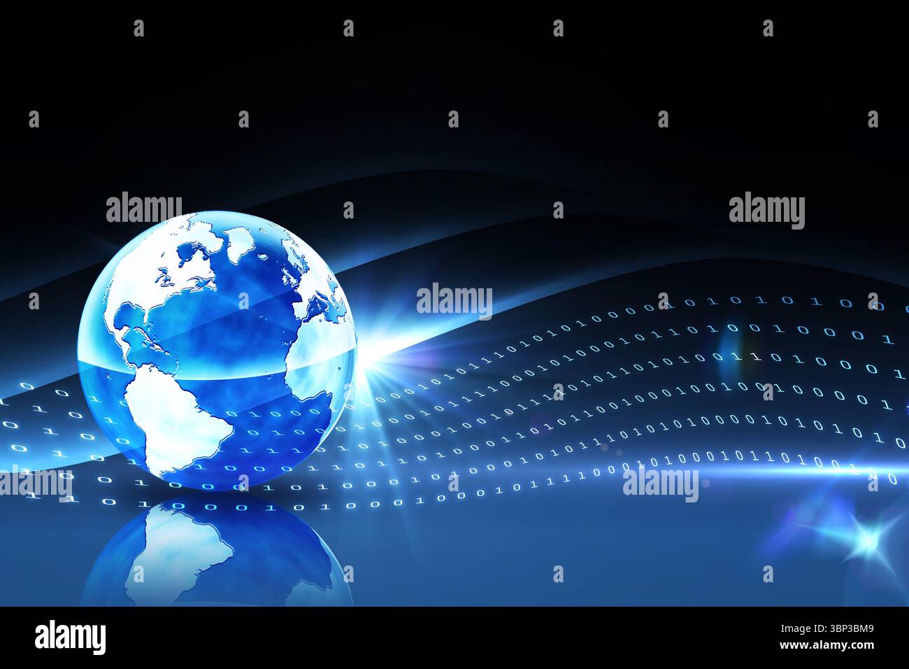 Glowing blue 3D Earth globe is hovering on mirror surface, binary code digits are streaming Stock Photo