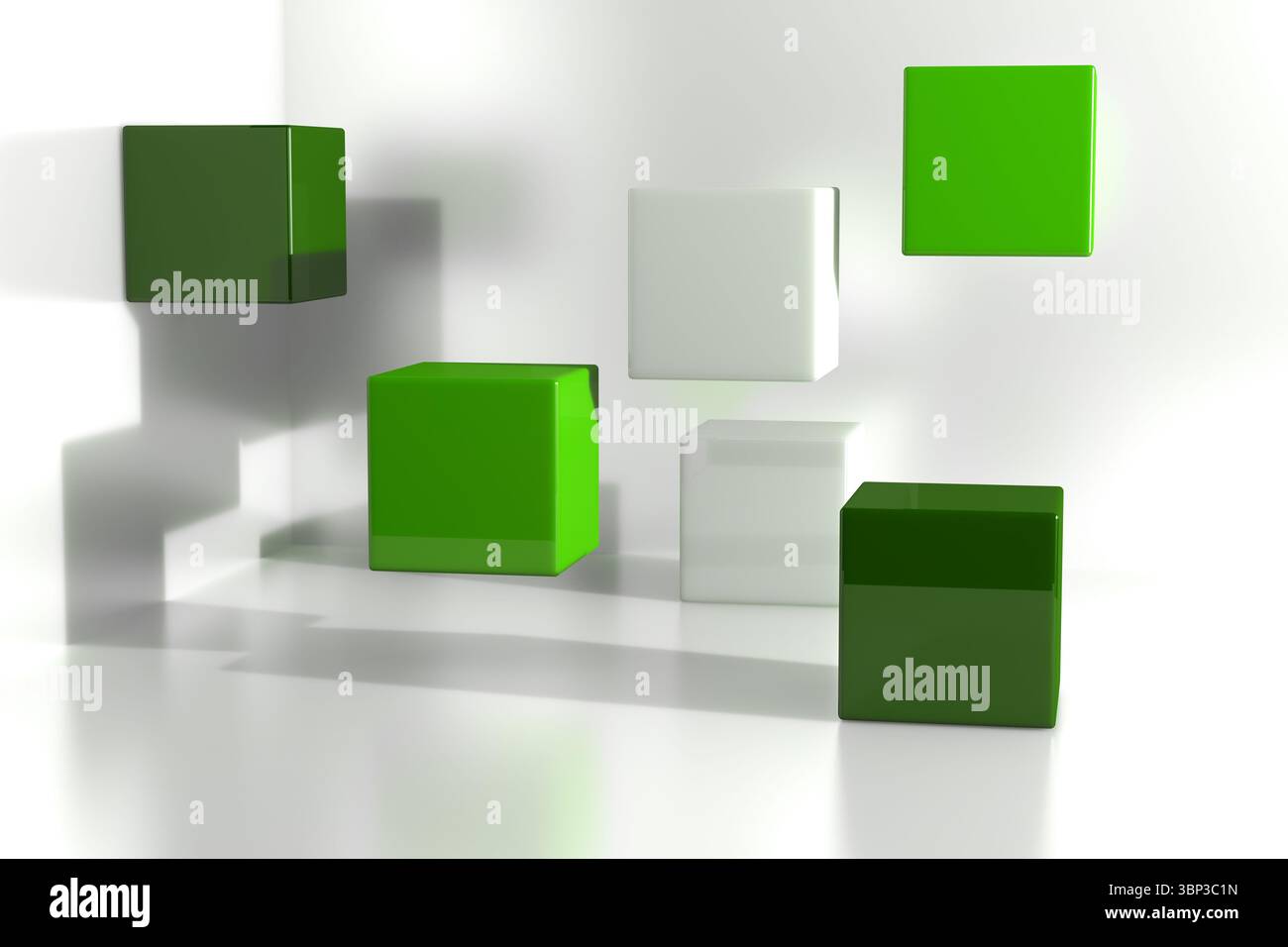 Six glossy green and off-white 3D cubes are resting on reflective white ...
