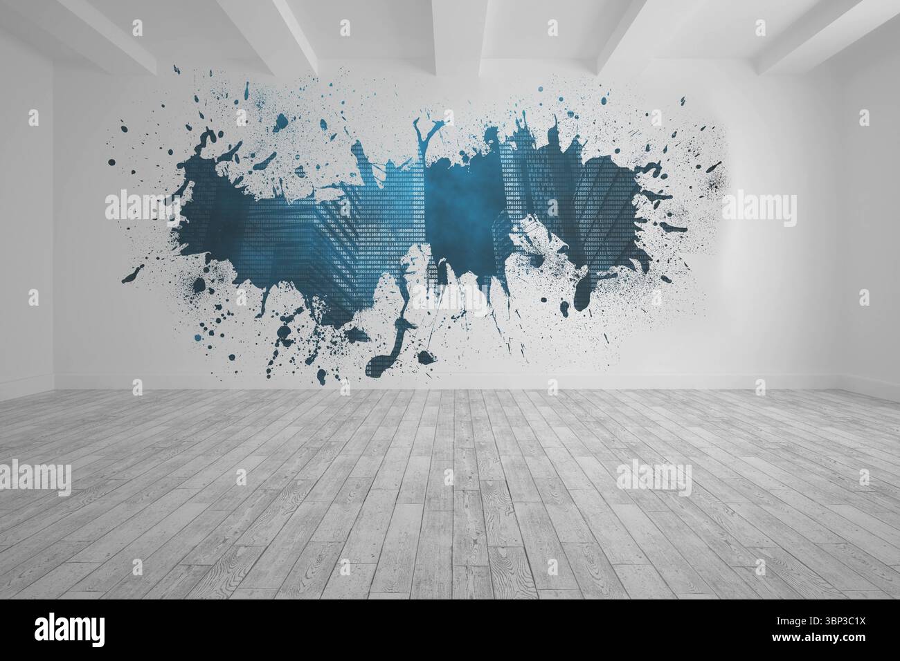 Splash on wall revealing technology graphic Stock Photo