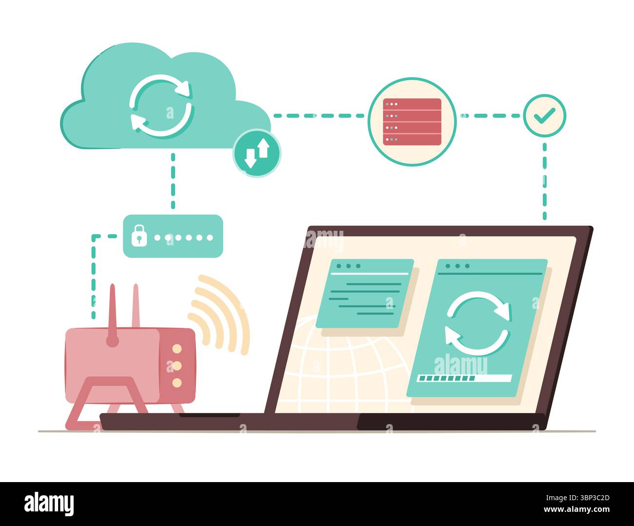 Laptop Computer Syncing Data with Cloud Computing Server via Wi-Fi Signal from Wireless Router for Internet and Wireless Network Connection Technology Stock Vector