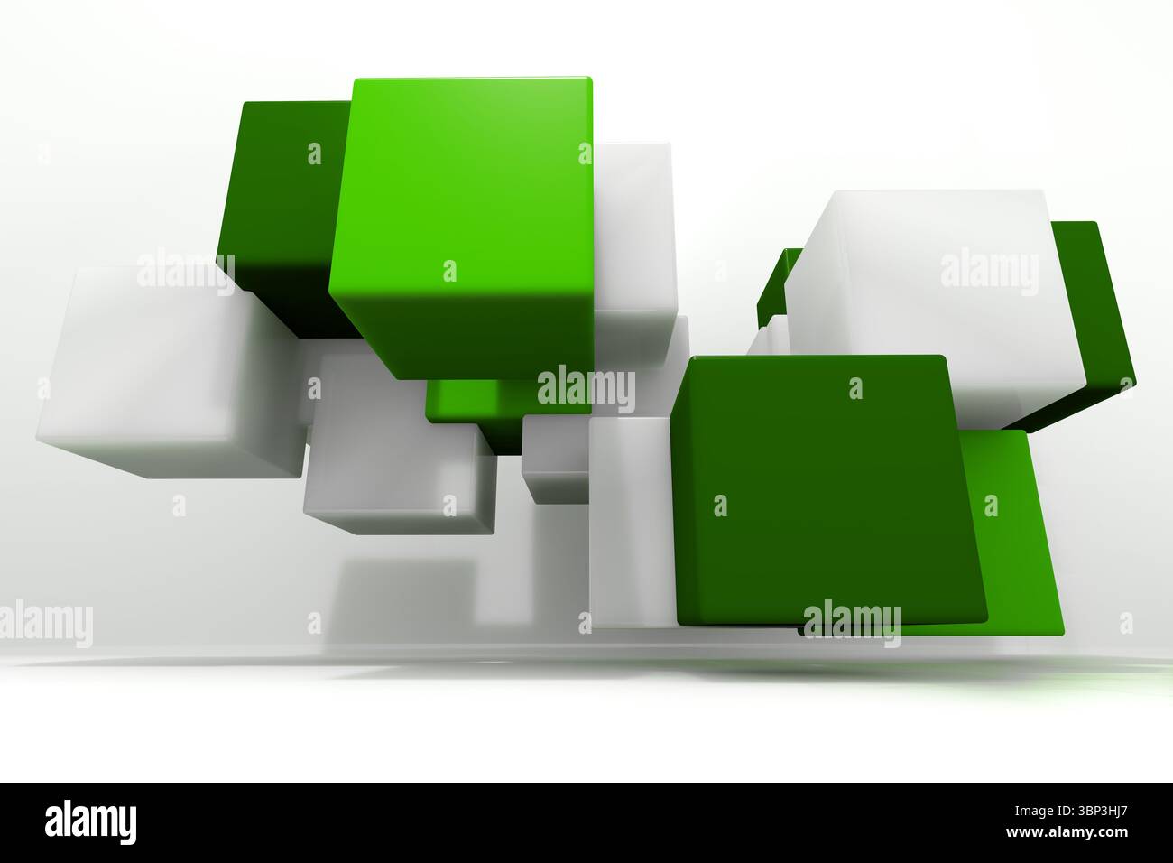 Green and white cubes are floating above surface with white-grey gradient backdrop in 3D render Stock Photo