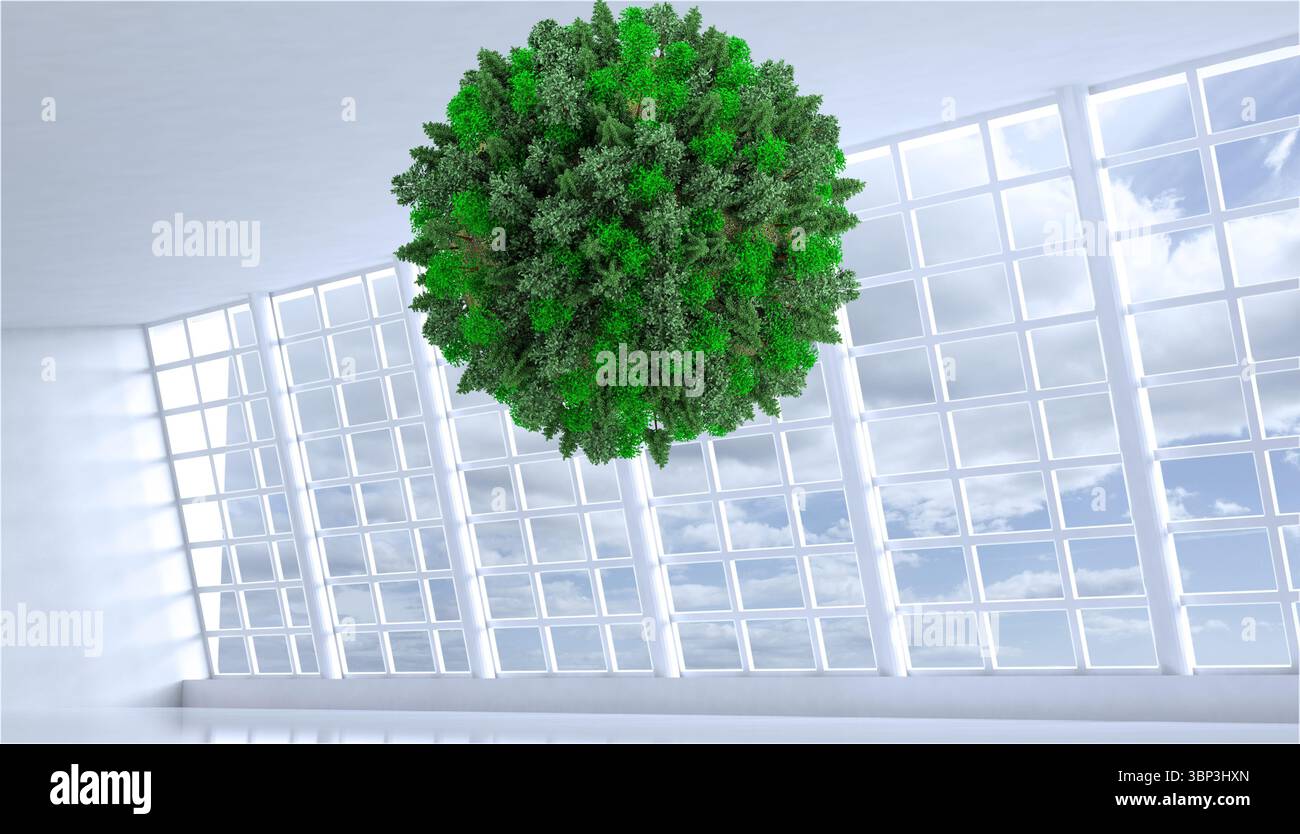 Ball with trees floating in room Stock Photo