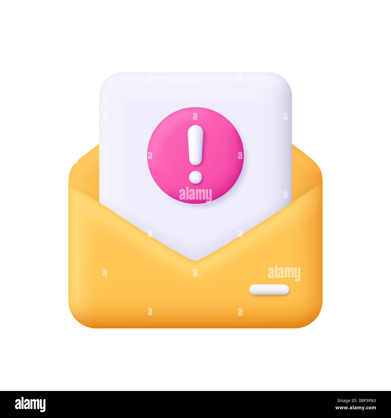 Yellow envelope with document file and exclamation mark. Message, alert, warning, notification, post mail, email concept. 3d vector icon. Cartoon mini Stock Vector