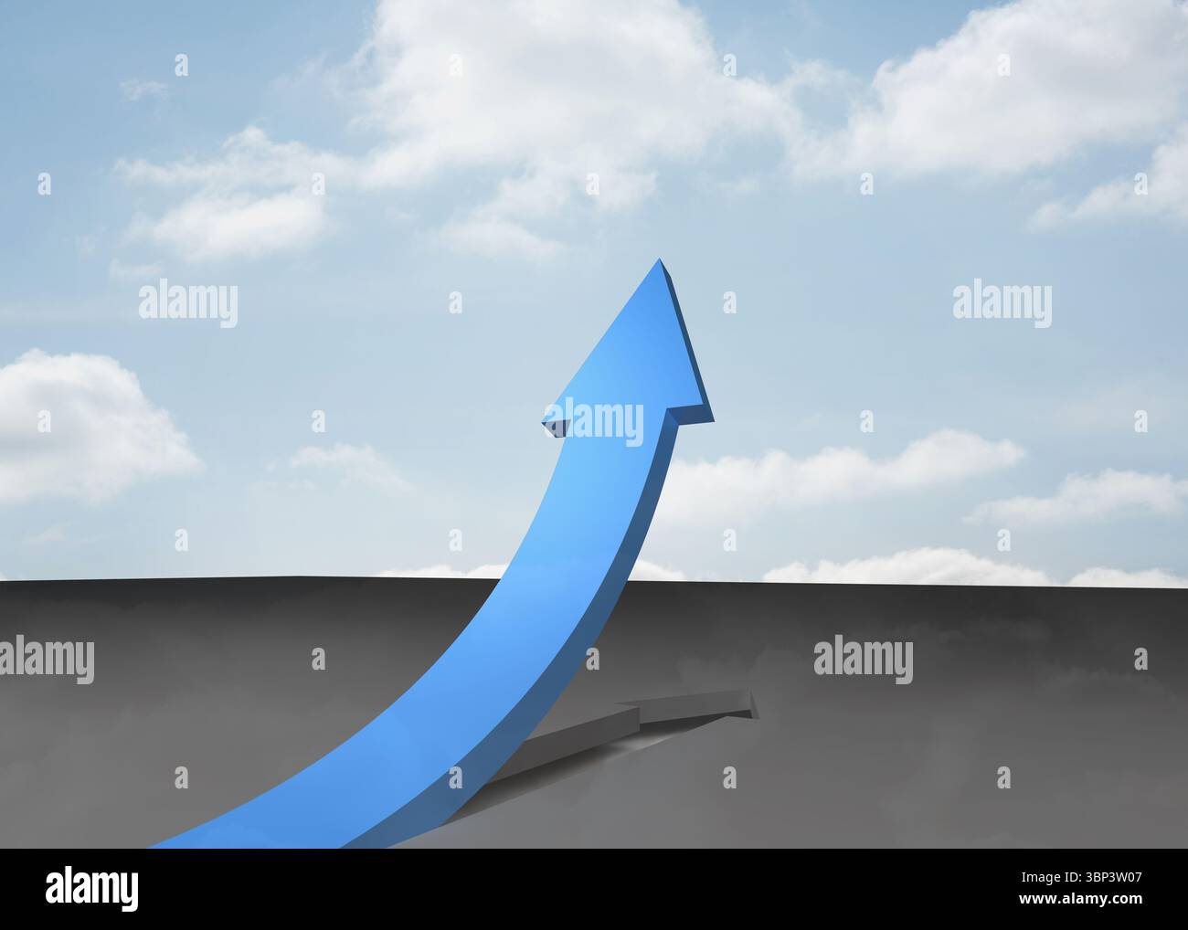 Blue curved arrow pointing up against sky Stock Photo - Alamy