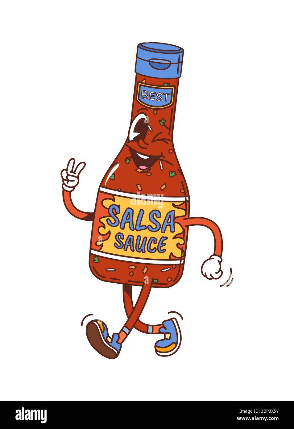 Cartoon groovy salsa sauce bottle character with smiling face, finger ...