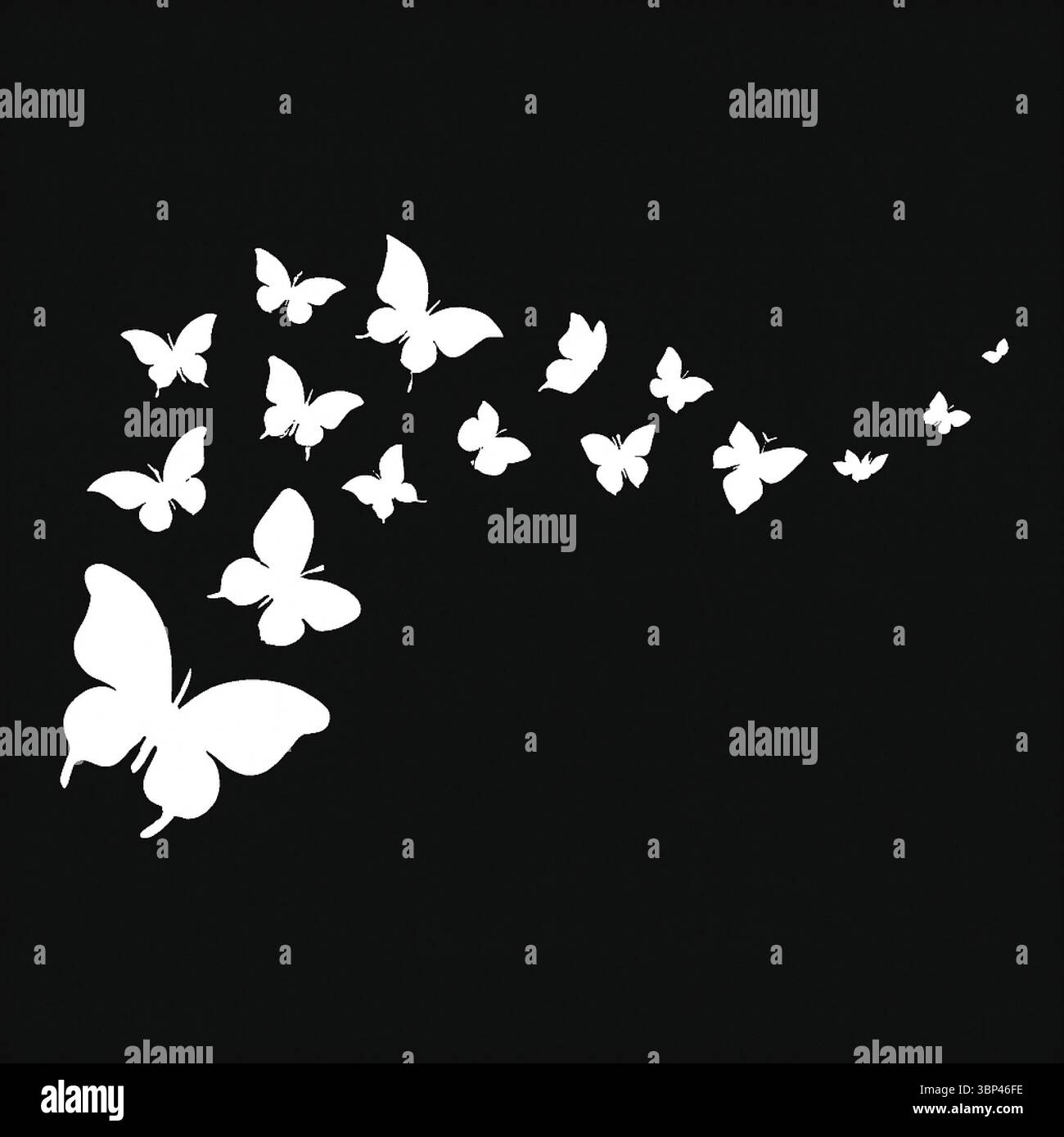 Flight of White Butterfly Silhouettes on Black Background Stock Vector ...