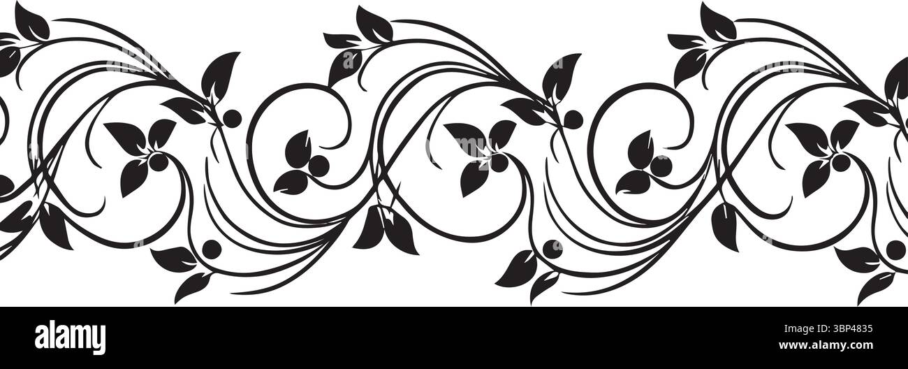 Elegant Black and White Floral Vine Border Pattern Stock Vector