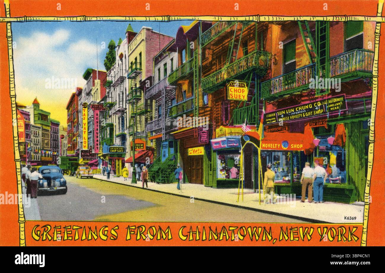 Vintage postcard, Chinatown, New York, USA. Stock Photo