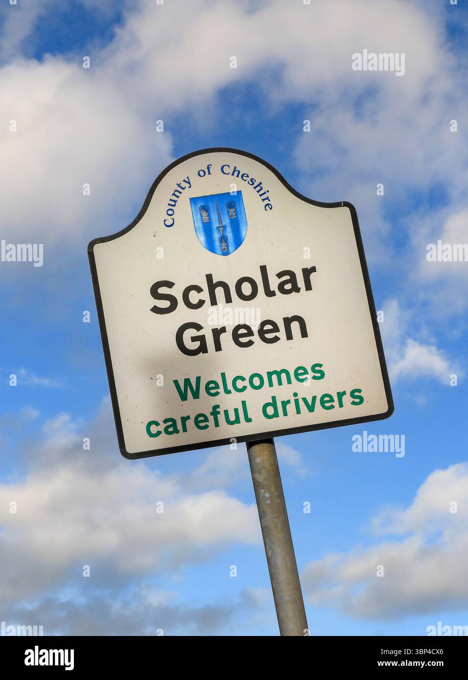 A sign on the outskirts of Scholar Green saying "welcomes careful drivers", county of Cheshire, England, UK Stock Photo