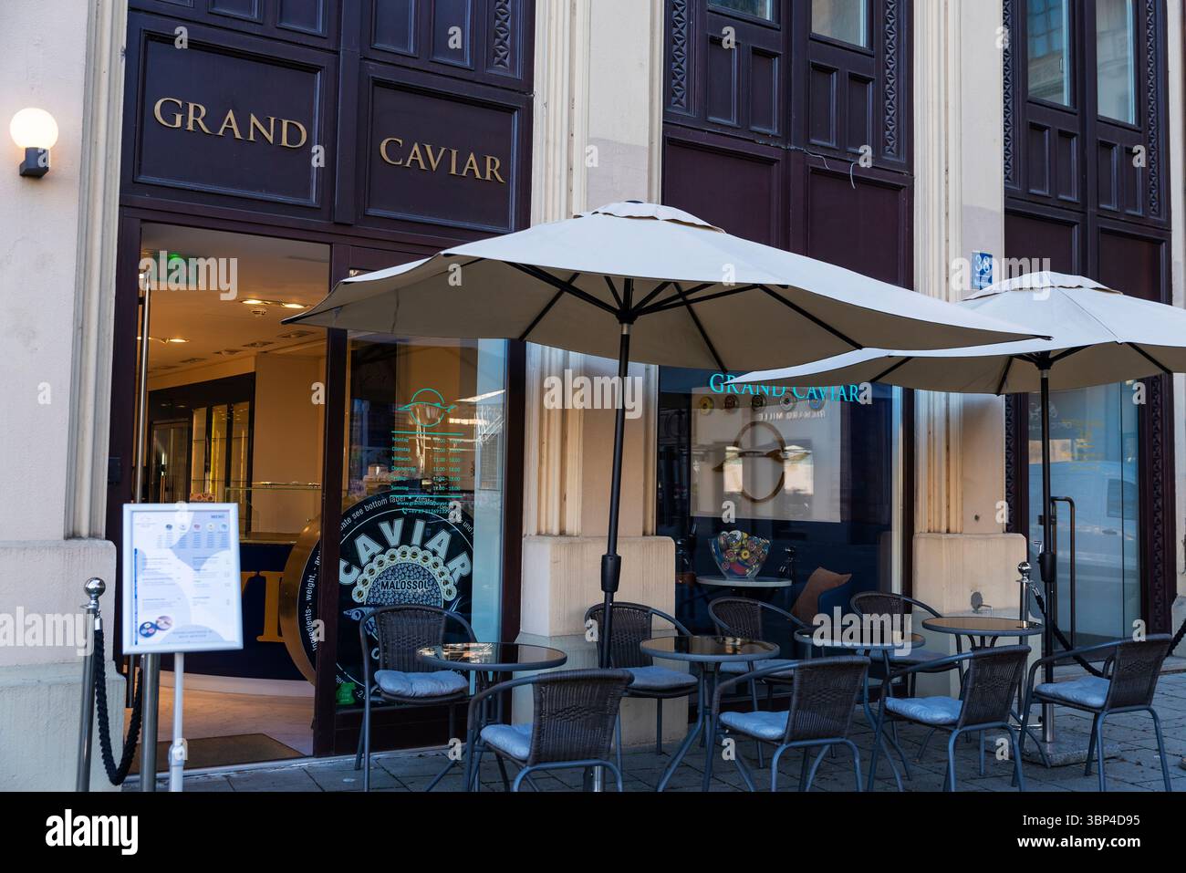 Munich, Germany - April 3, 2025: Terrace of the Grand Caviar restaurant ...