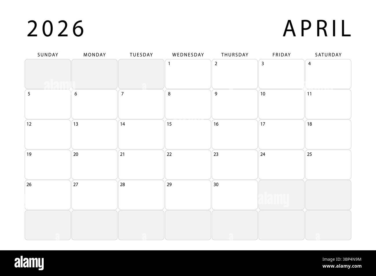 April 2026 calendar. Monthly planner template. Sunday start. Vector