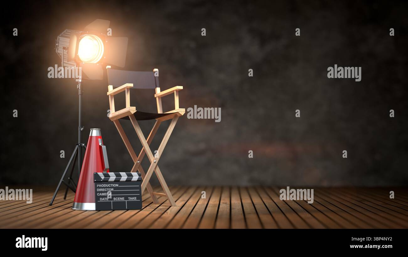 Empty director chair illuminated by spotlight. Film production and ...