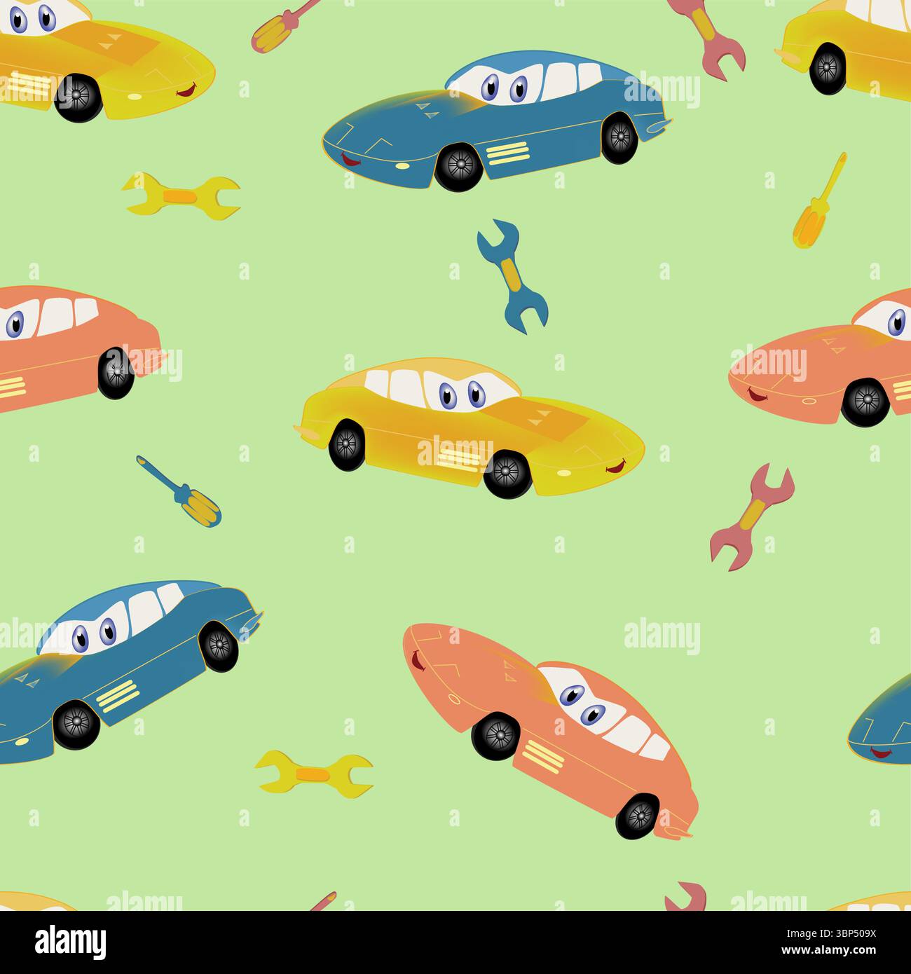 cartoon car, wrench and screwdriver pattern Stock Vector