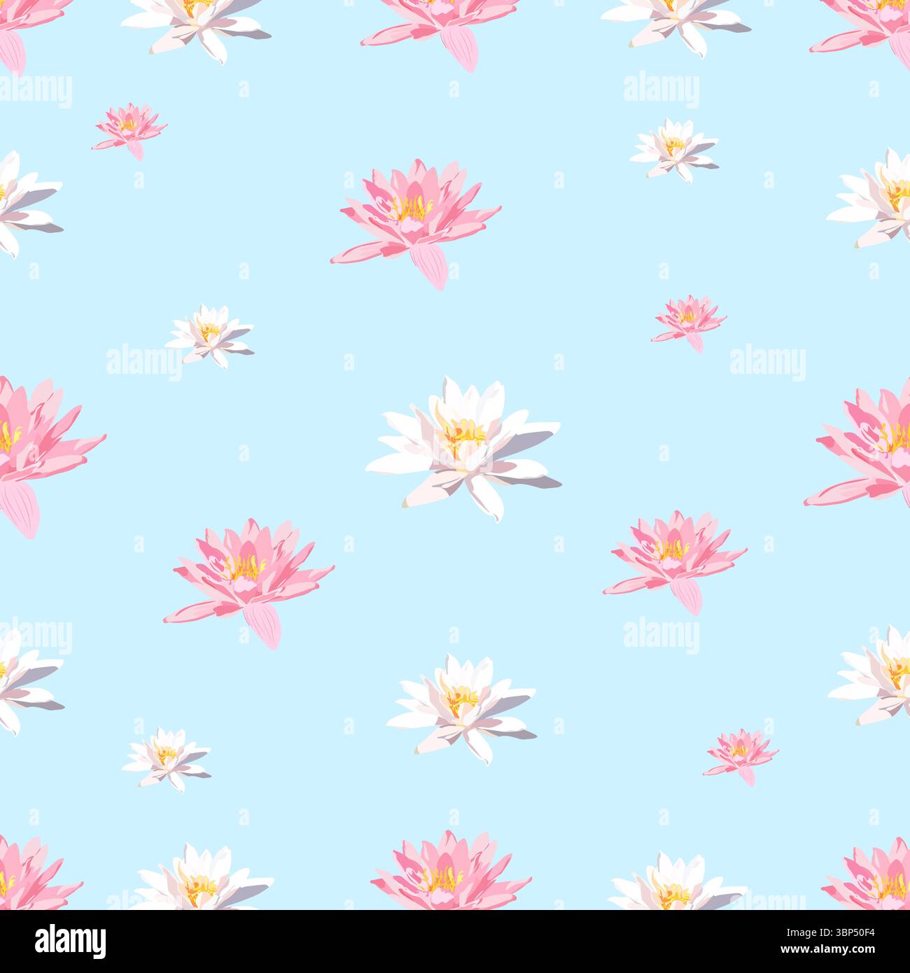 Pink and white water lily light blue pattern Stock Vector