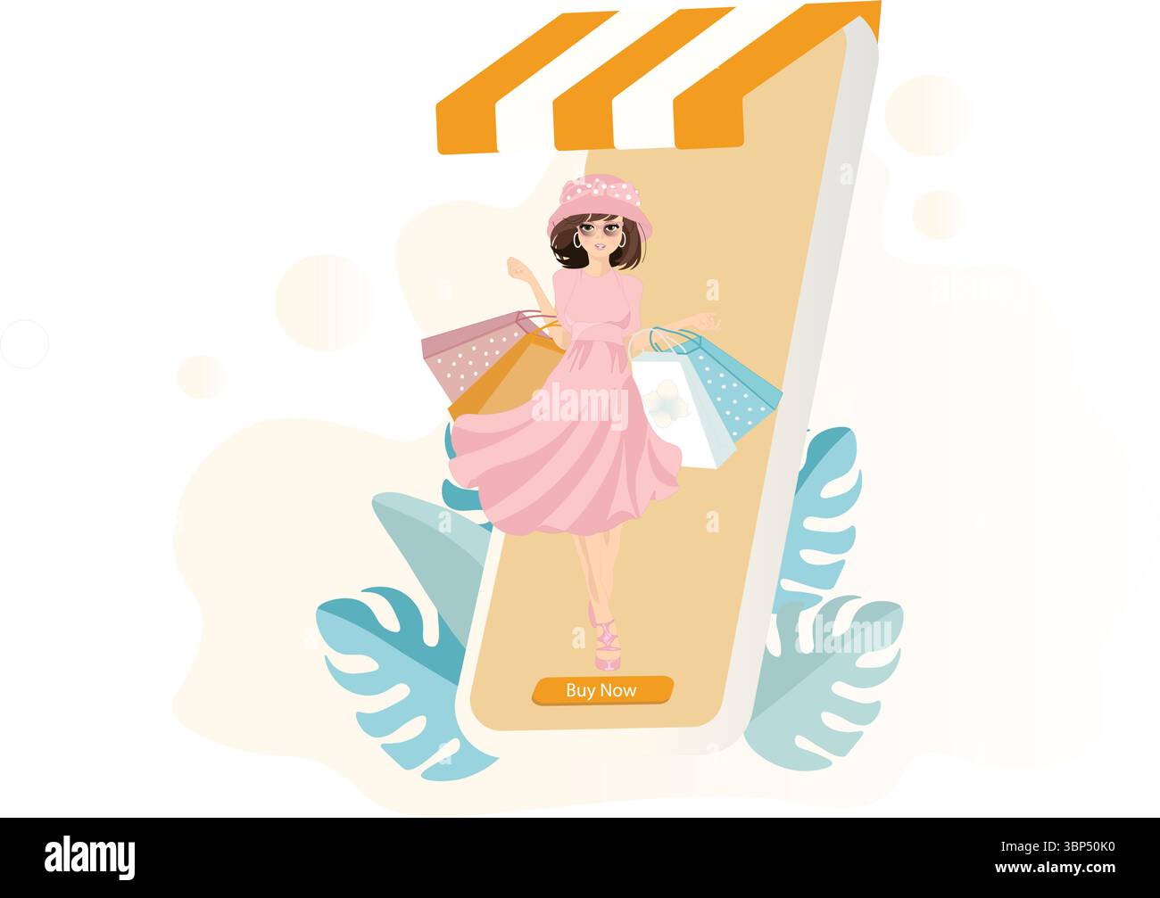 Girl on the mobile phone with shopping. Shopping via smartphone. Online shopping. Stock Vector