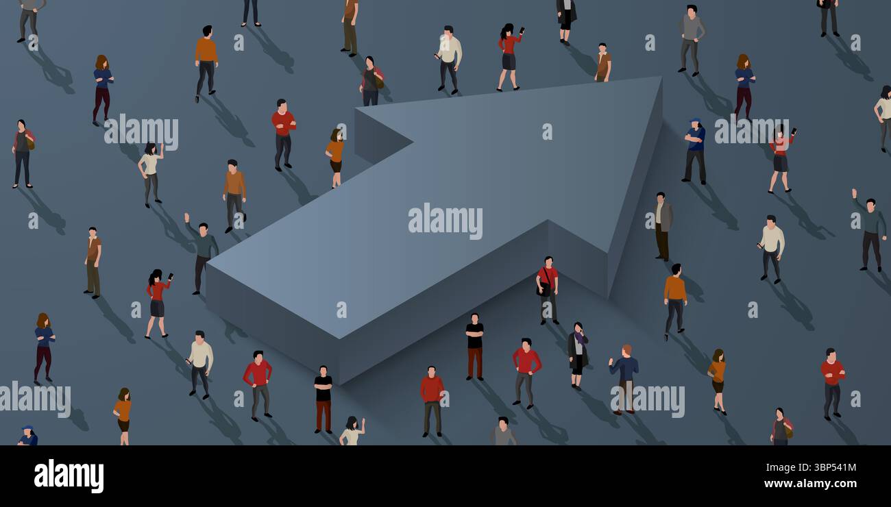 Large group of people standing around growing arrow symbol. Vector illustration Stock Vector