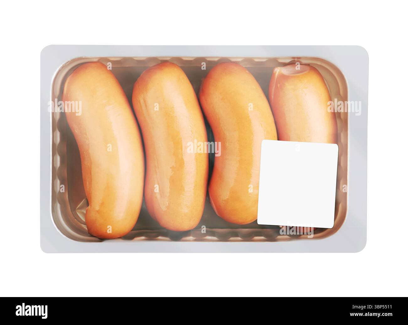 Boiled Sausages in pack, isolated on white background Stock Photo
