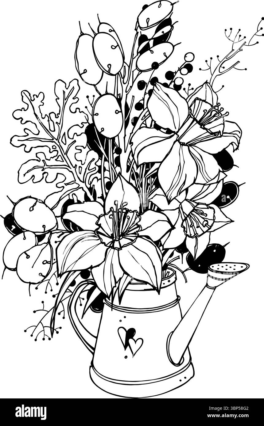 Flower Bouquet in Watering Can Illustration Stock Vector Image & Art ...