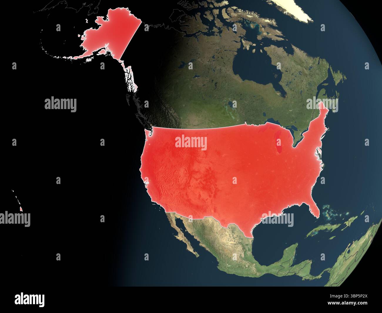 United States highlighted in red on a realistic map with country ...