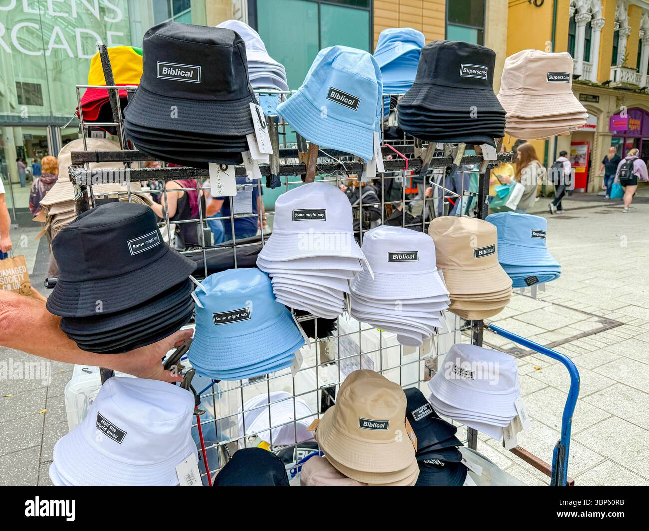 Oasis Merchandising Stalls on the Streets of Cardiff During Oasis Live ’25 Reunion Tour - Smartphone Captured Stock Image