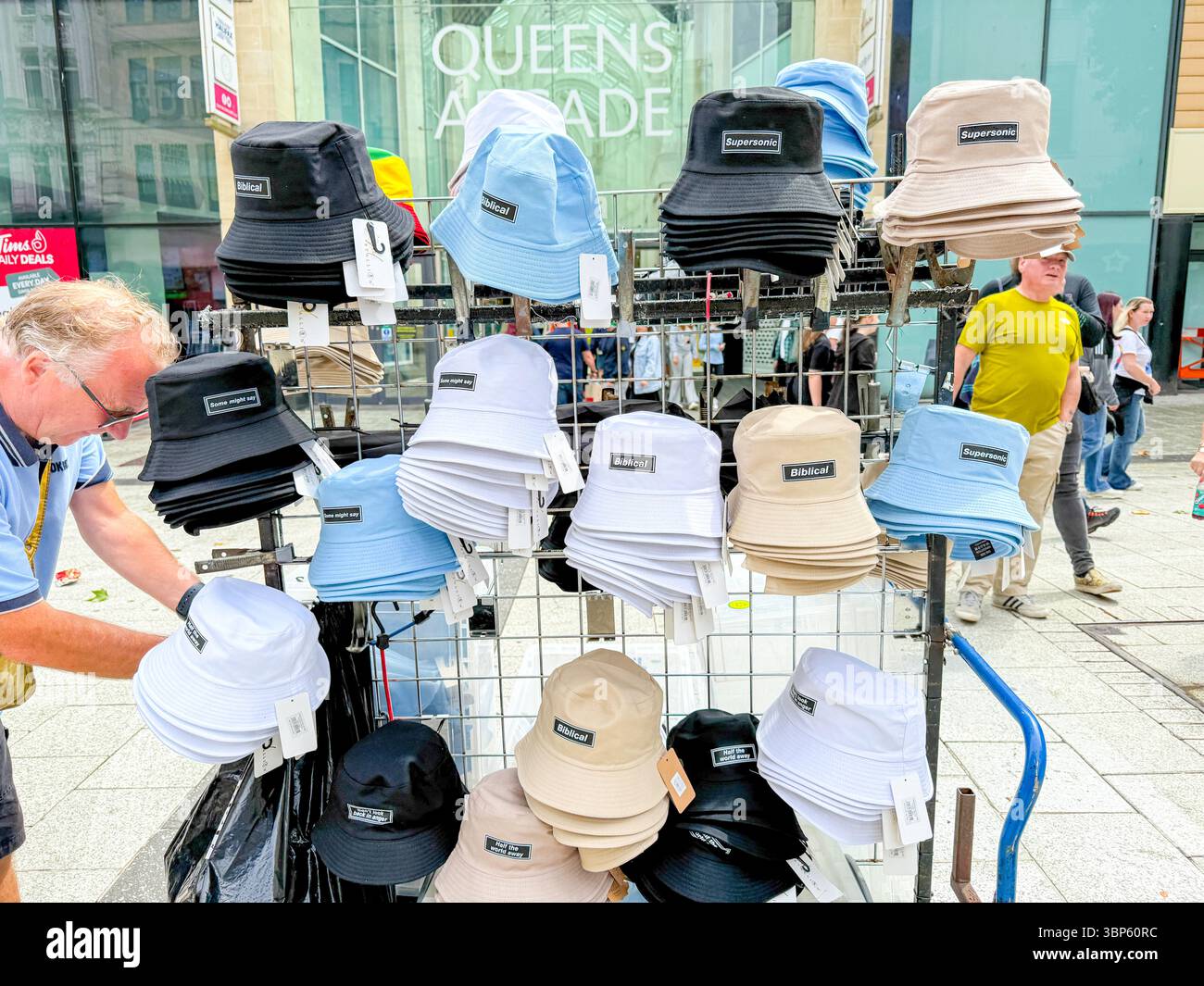 Oasis Merchandising Stalls on the Streets of Cardiff During Oasis Live ’25 Reunion Tour - Smartphone Captured Stock Image