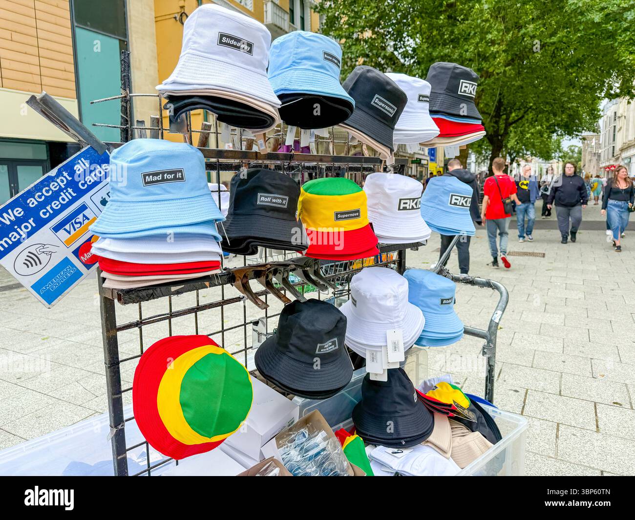 Oasis Merchandising Stalls on the Streets of Cardiff During Oasis Live ’25 Reunion Tour - Smartphone Captured Stock Image