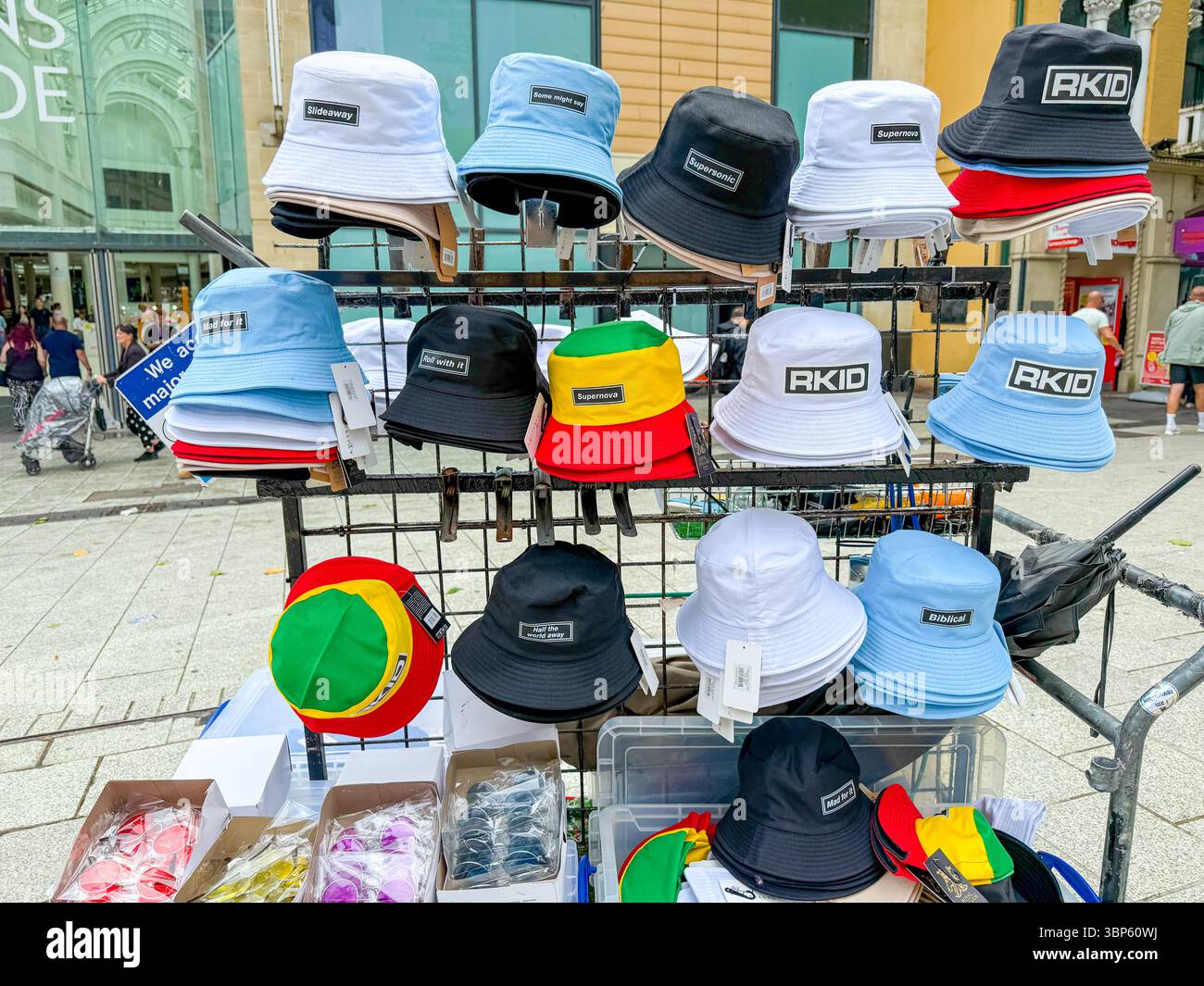 Oasis Merchandising Stalls on the Streets of Cardiff During Oasis Live ’25 Reunion Tour - Smartphone Captured Stock Image