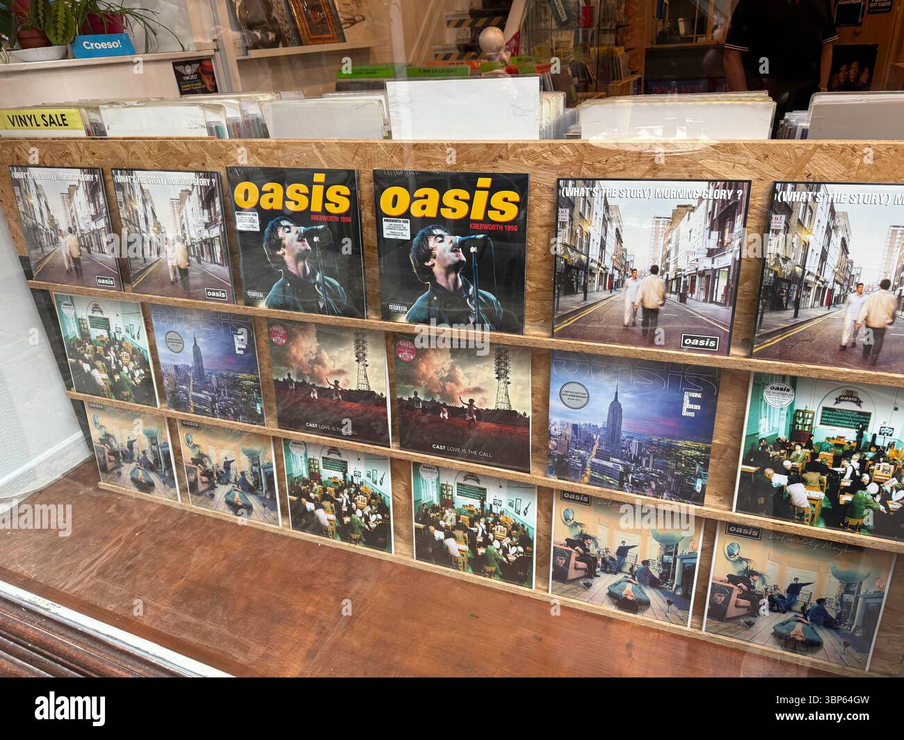 Oasis Vinyl Records in Window Display and In-Store at Spillers Records Cardiff on Reunion Live '25 Tour Day - Smartphone Captured Stock Image