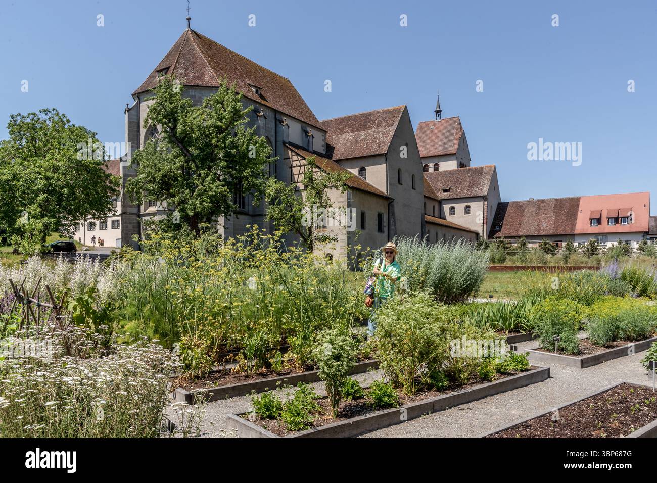 Side view of Reichenau Abbey with monastery garden according to the plans of Abbot Walahfrid Strabo. In the "Hortulus" (Latin for "little garden"), he describes a monastery garden with 24 herbs, vegetables and ornamental plants. The monastery gardens on the island of Reichenau are an important testimony to medieval garden culture and are closely linked to the history of the Benedictine monastery founded in 724. Two of the most important medieval sources on garden culture originate from here: the famous St. Gallen monastery plan and the poem "Hortulus" by the Reichenau monk and later abbot Wala Stock Photo