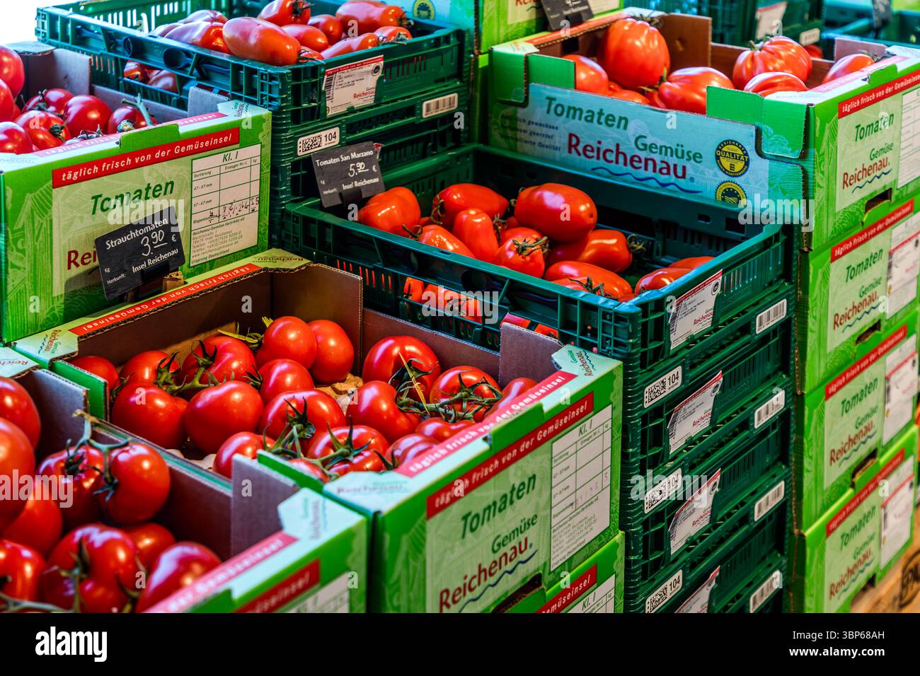 Tomatoes from the vegetable island of Reichenau. Every year, 2,300 tonnes of tomatoes are grown on Reichenau, including 1,600 tonnes of organic tomatoes. Fresh tomatoes from the island of Reichenau, Baden-Württemberg, Germany, are displayed in green crates and boxes on the market street in Reichenau. The tomatoes, freshly harvested every day, are ready for sale Stock Photo