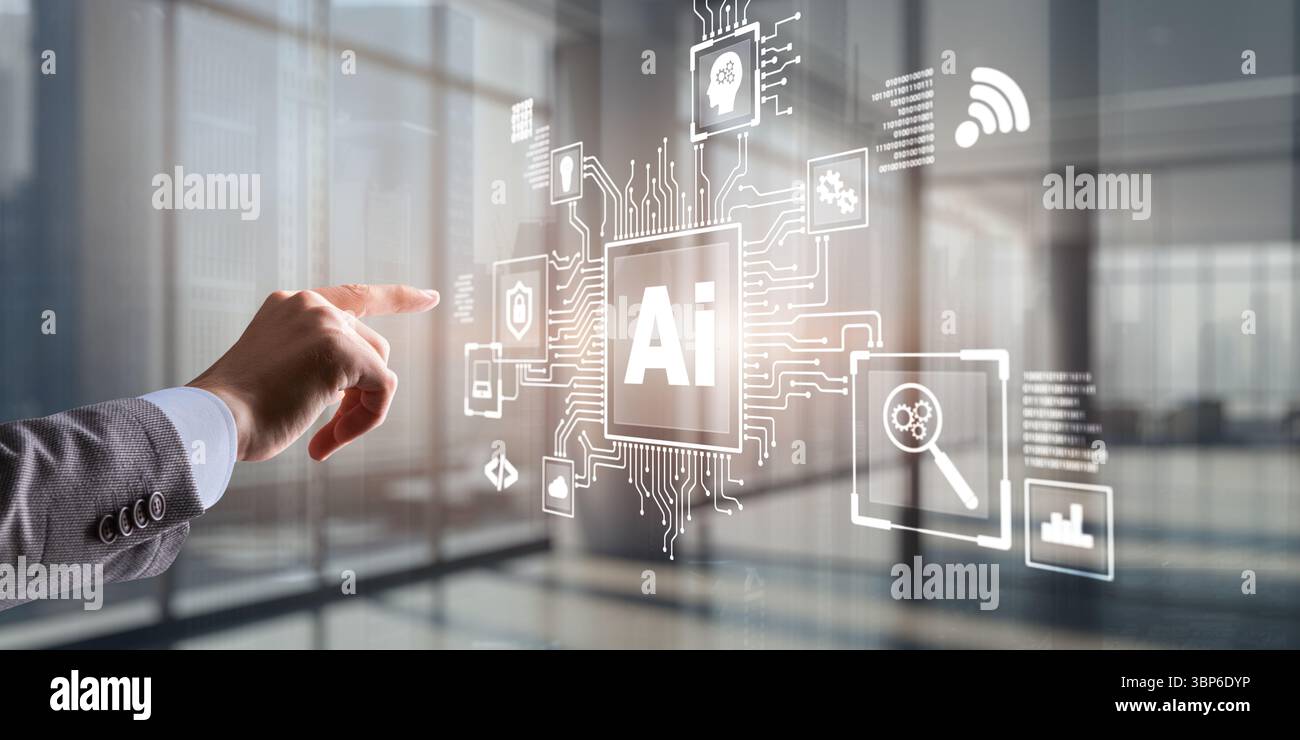 Artificial Intelligence Processor Concept. AI Big Data Array on virtual screen. Stock Photo