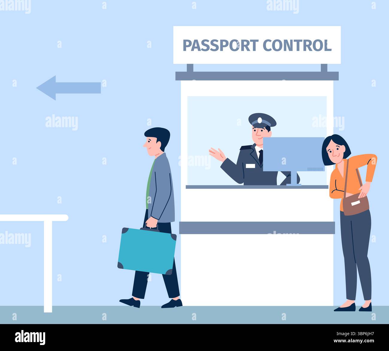 Border control in airport or port. Tourists show documents, border ...