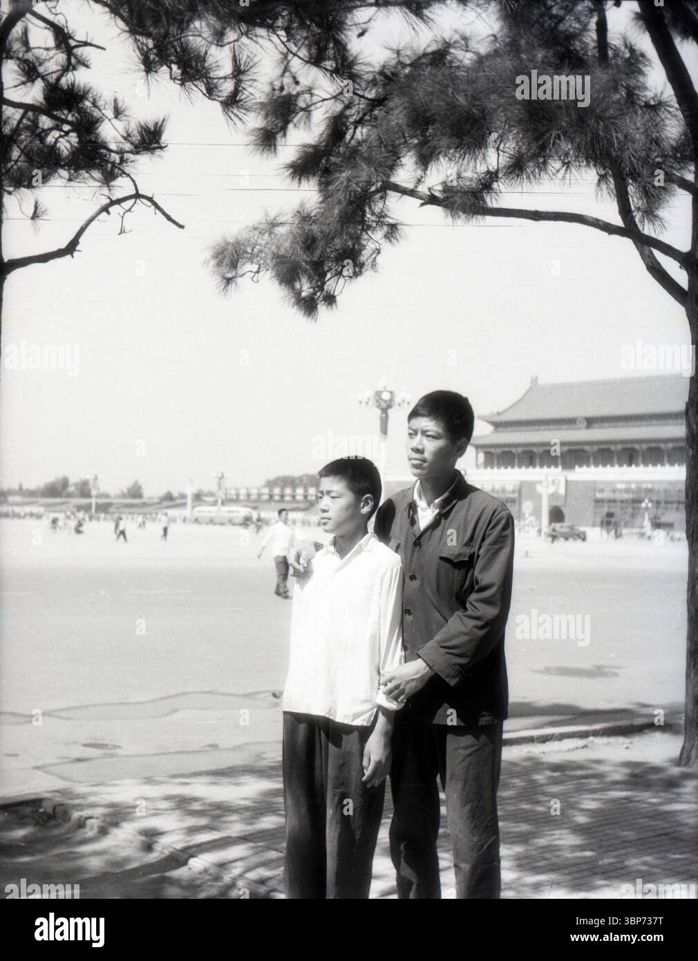 Beijing Tiananmen Square Father-and-Son Portrait, 1960s Black-and-White Stock Photo