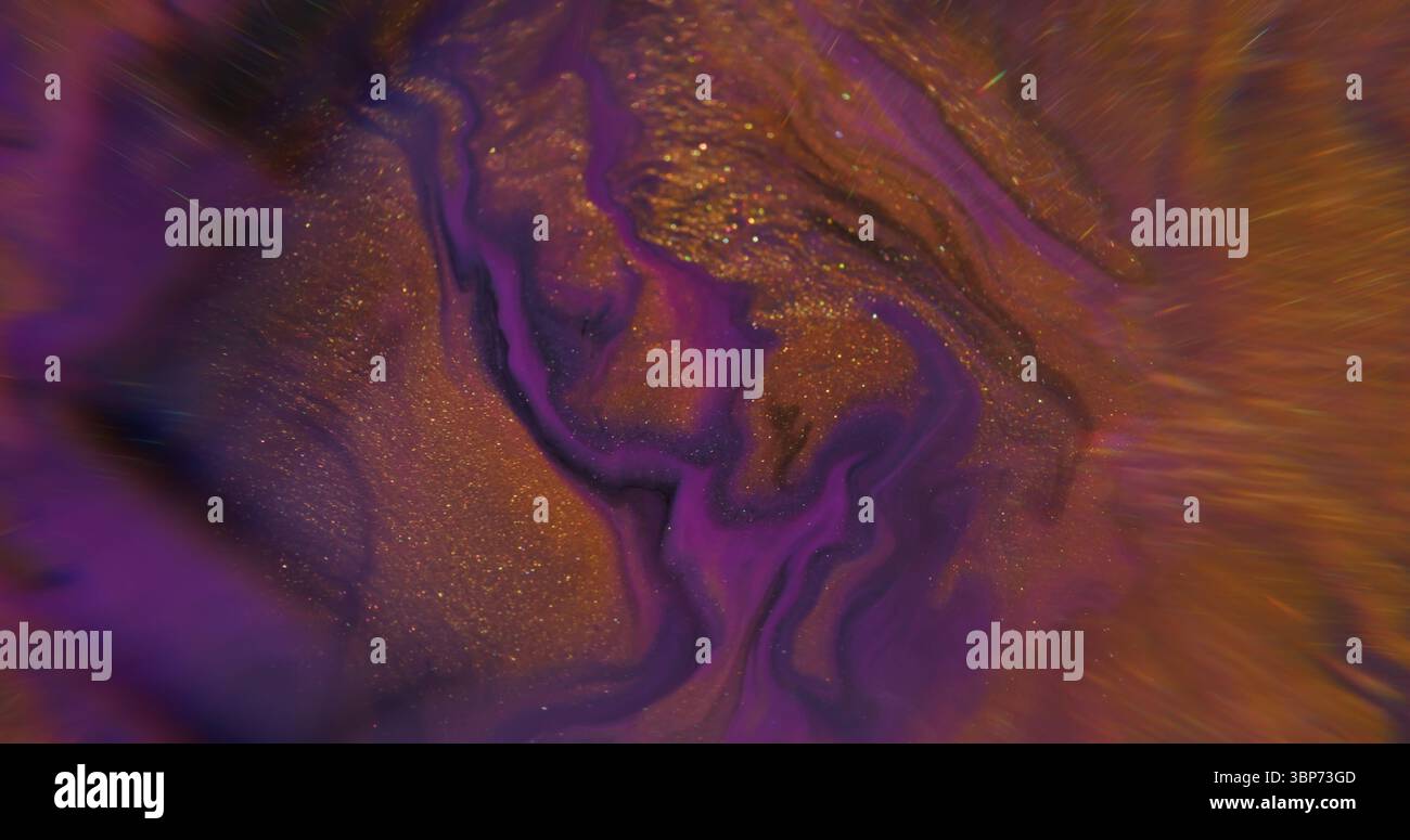 Fluid spill. Water art. Defocused purple golden neon color splash paint in liquid shiny dark black stains floating on abstract light background. Stock Photo