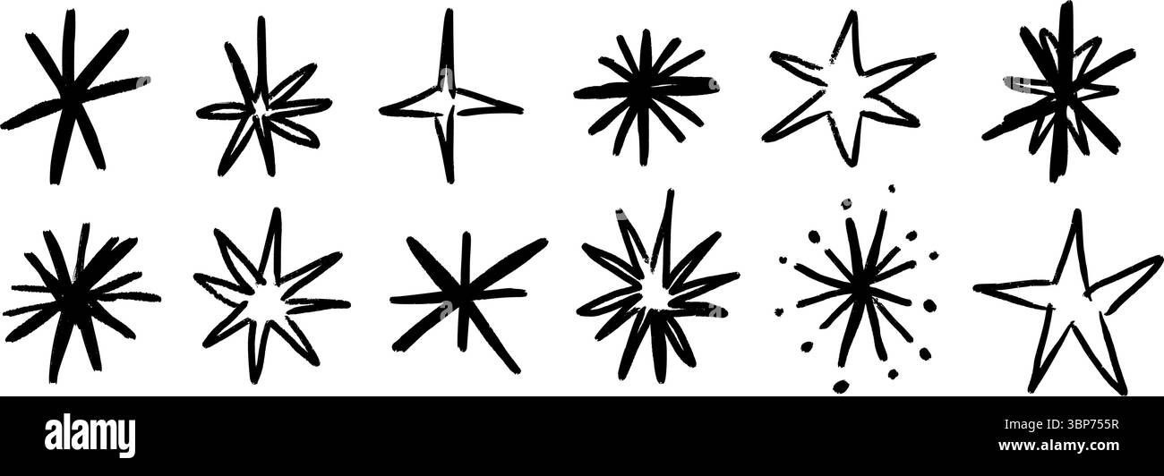Black crayon hand drawn stars set. Cute childish doodled sparks and ...