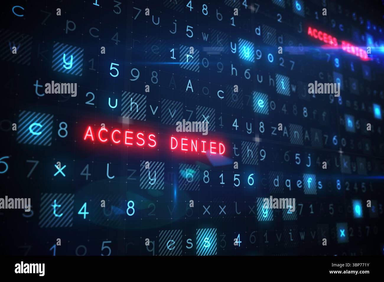 Red ACCESS DENIED text is appearing in flat digital UI with alphanumeric grid and glitch effects Stock Photo