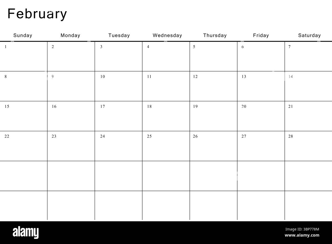 Showing flat design February calendar grid with weekday labels, date ...