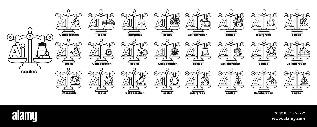 A series of scales with a variety of objects on them. The scales are ...