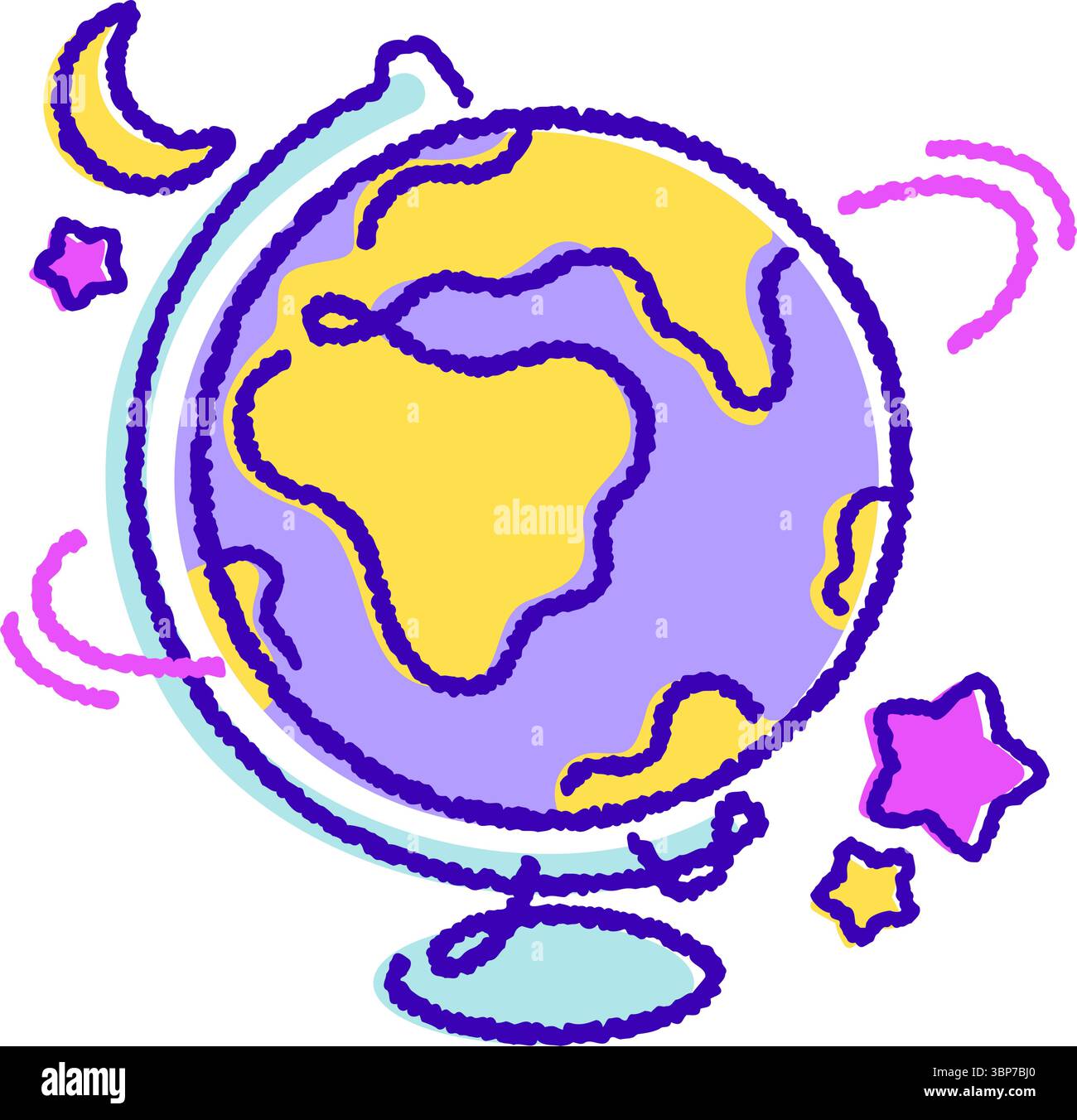 playful education illustration, globe spinning geography concept flat outline handdrawn style Stock Vector