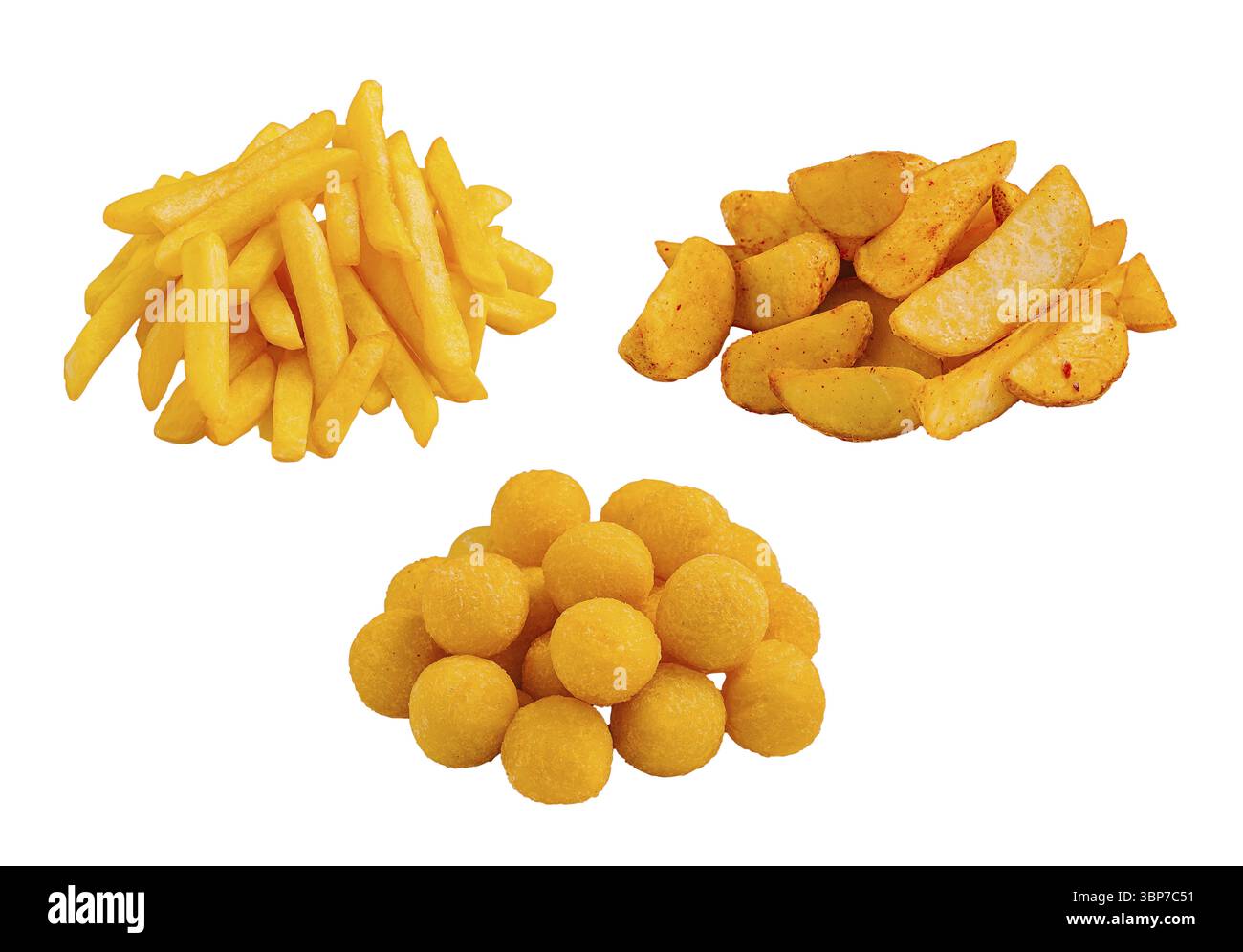Three Snacks Food, Golden fried snacks are presented in three piles, including ...