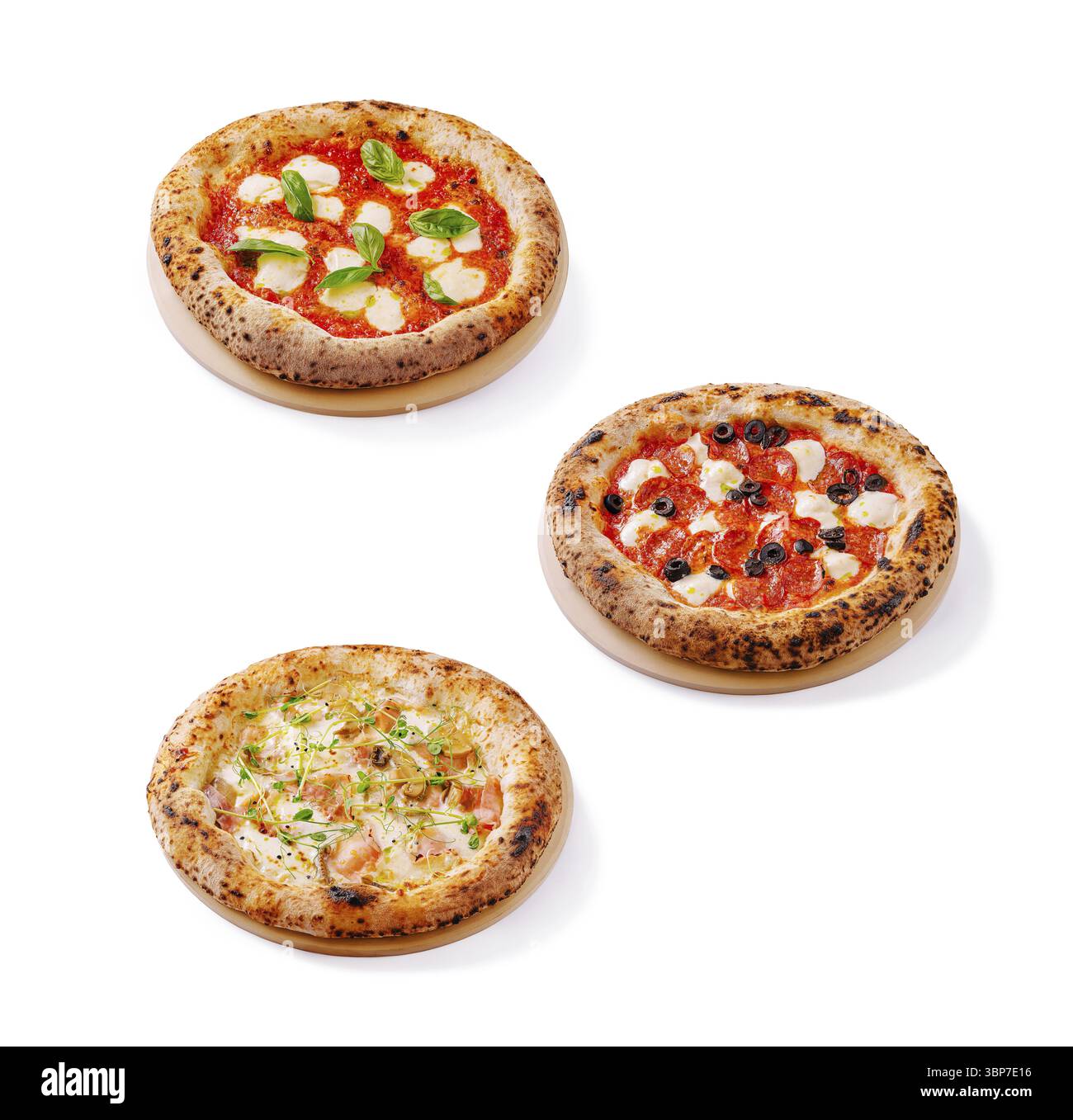 Food, Three delicious pizzas are displayed on a clean surface. Each pizza features unique toppings, showcasing vibrant colors and textures, perfect fo Stock Photo