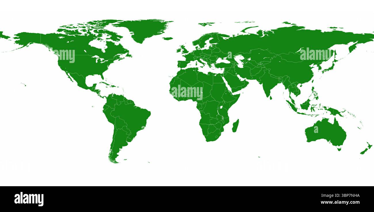Minimalist flat design world map graphic is showing green landmasses with white boundary lines Stock Photo