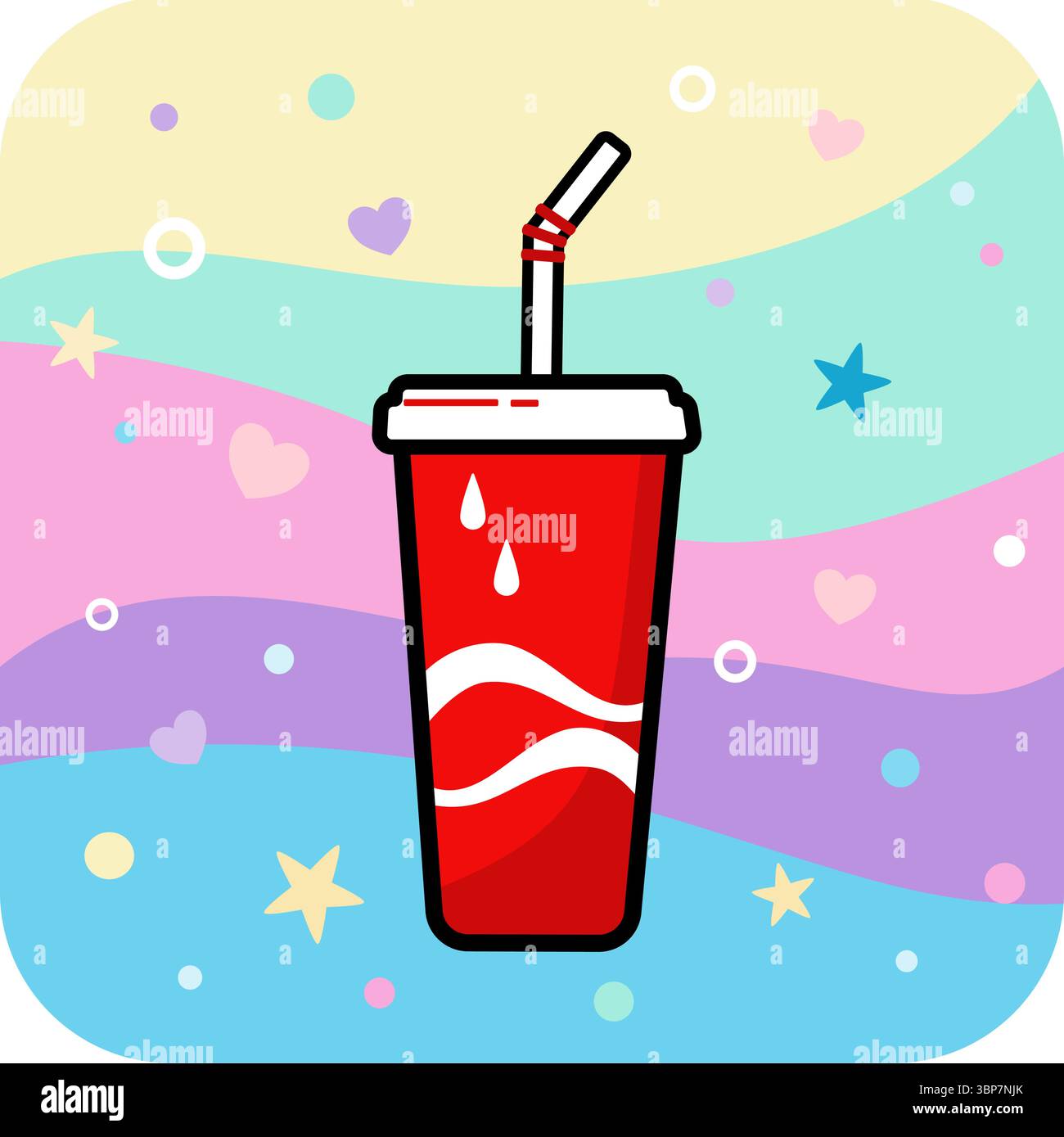 Soda cup on pastel colored wave background with stars and hearts Stock Vector