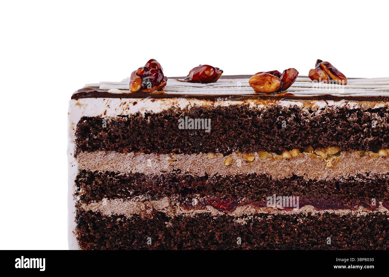 Food, Mouthwatering chocolate cake featuring layers of rich chocolate sponge, decadent chocolate cream, and a sweet cherry filling, topped with crunch Stock Photo