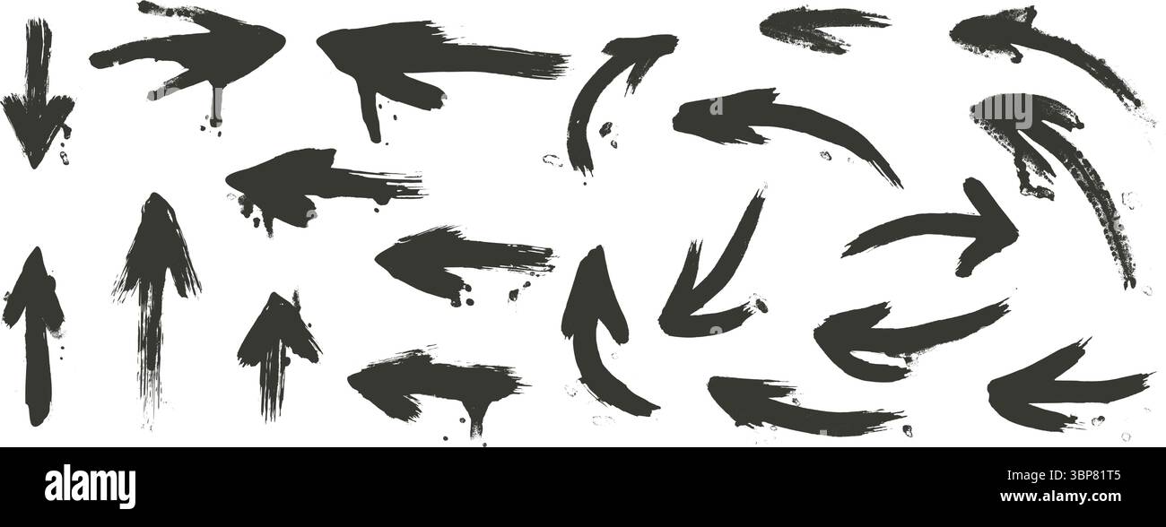 Arrows brush graffiti drawn set. Spray paint hand drawn straight and ...