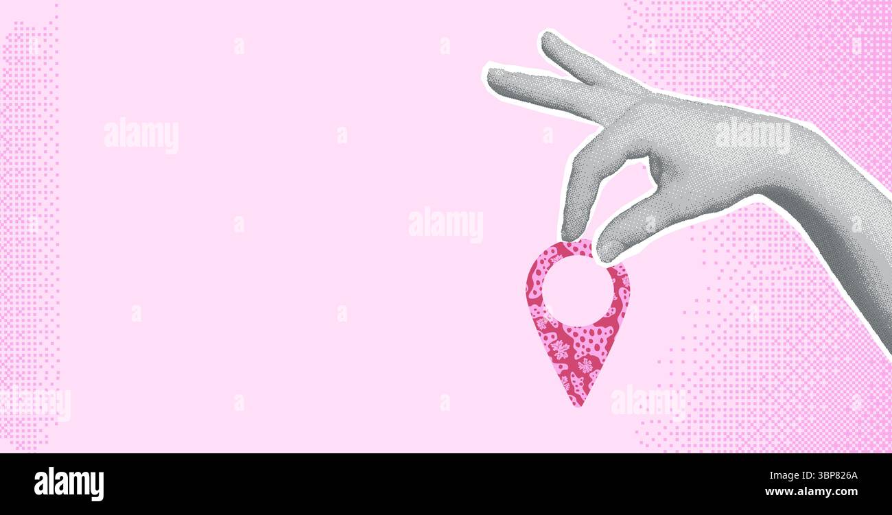 Pin Location Image Bitmap Travel collage with halftone hand with location map pin element. Human ...